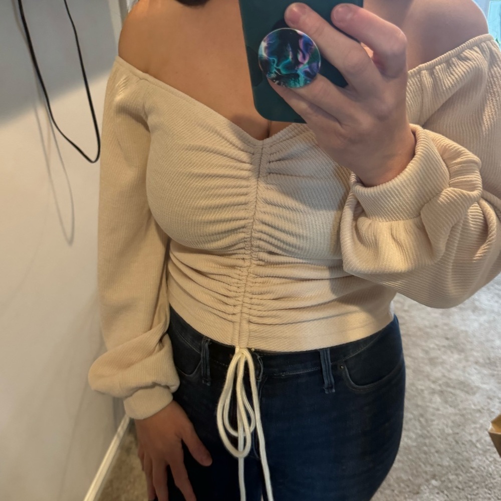 Off shoulder cropped beige sweater top size small